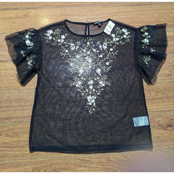 Express Top Blouse Black Embroidered Short Sleeve Floral Sheer Butterfly Size XS - Picture 2 of 7